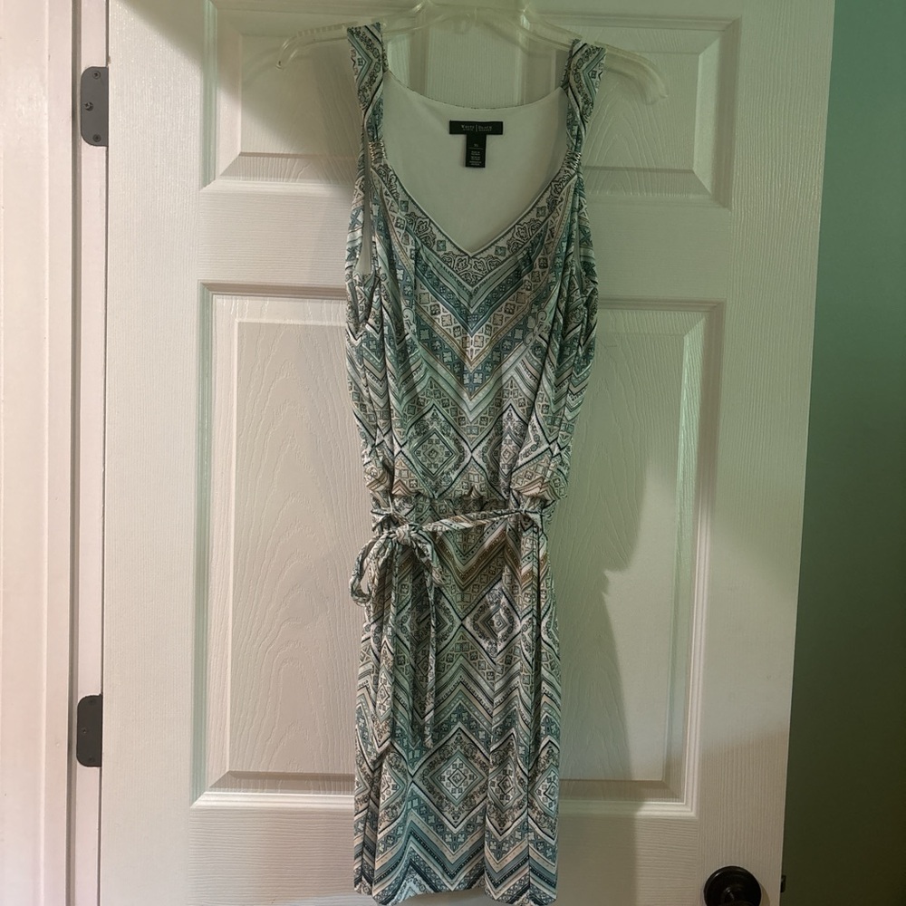 White House Black Market Blue-Green and White Sleeveless Sundress